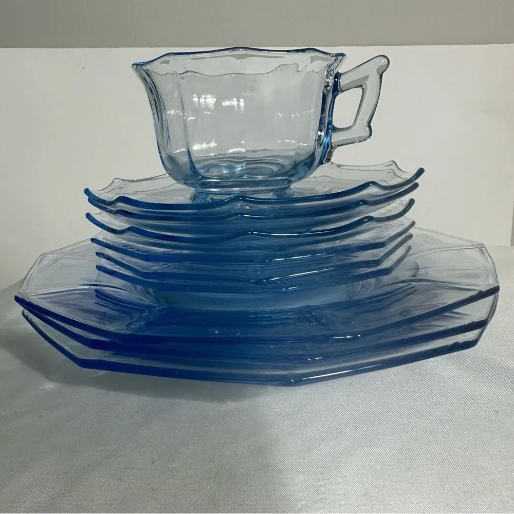 Cambridge Vintage Glass DECAGON Moonlight Blue  Cups, Saucers & Plates Set 12